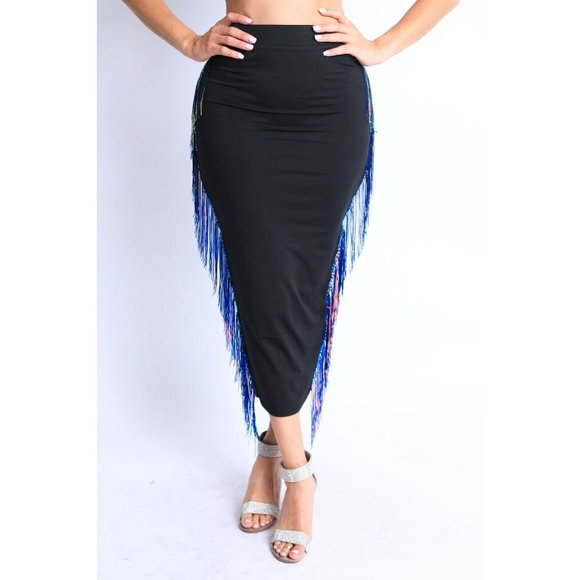 Womens Elastic High Waist Stretch Bodycon Sequins Fringe Maxi Pencil Party Skirt - Picture 8 of 8